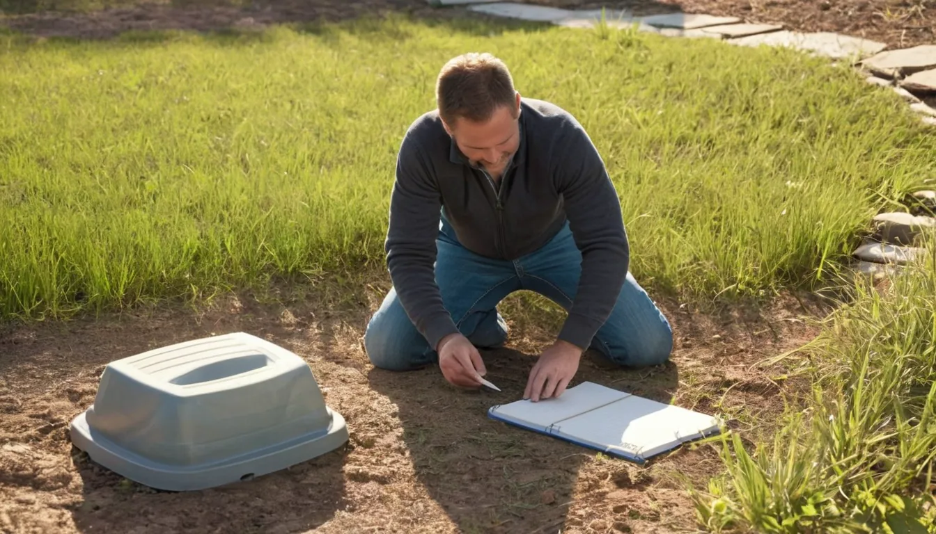 A provider checking a septic tank lid in a yard in the Palo Alto area