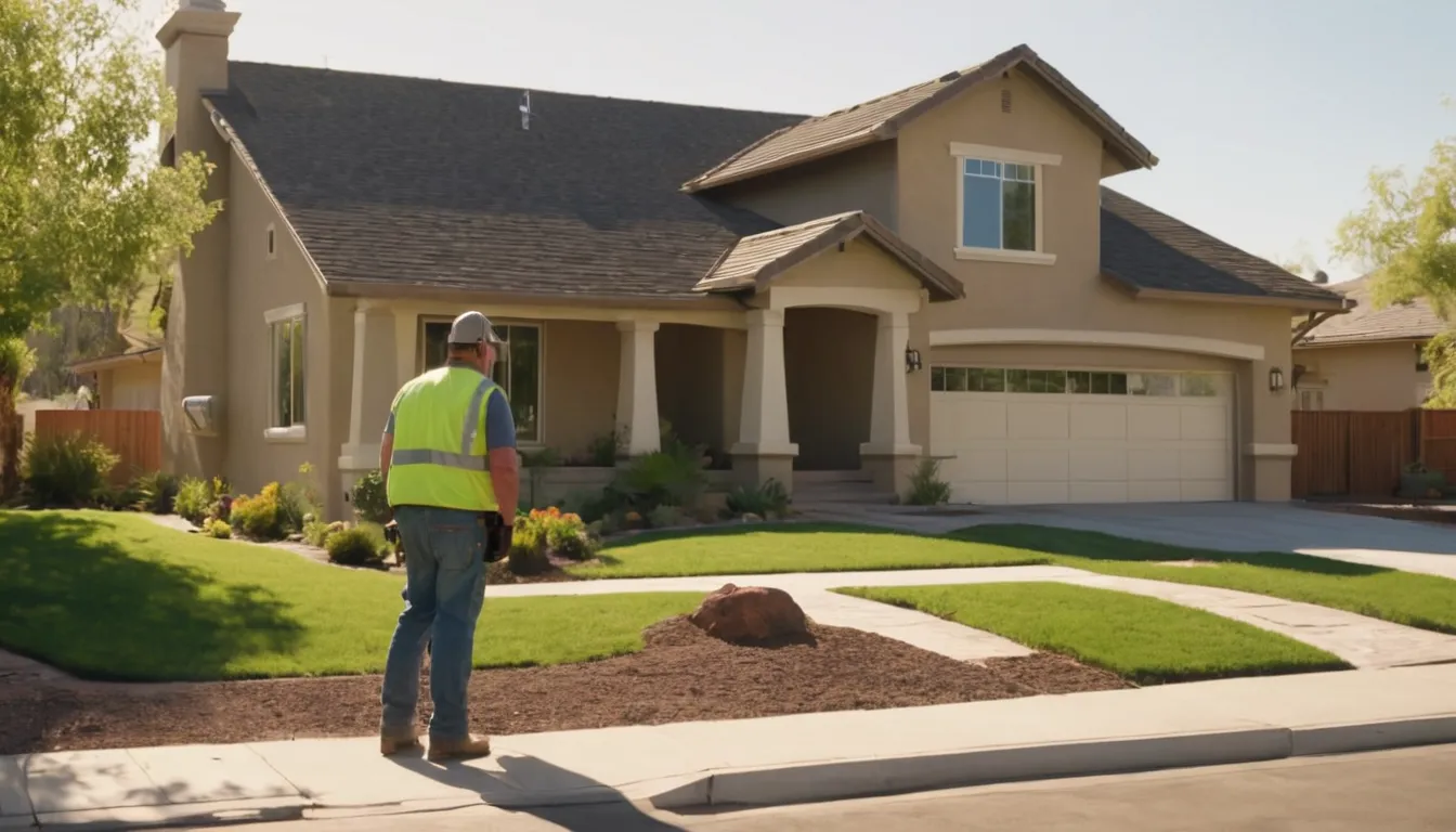 A friendly septic service provider talking with a homeowner in front of a stucco ranch home near Palo Alto