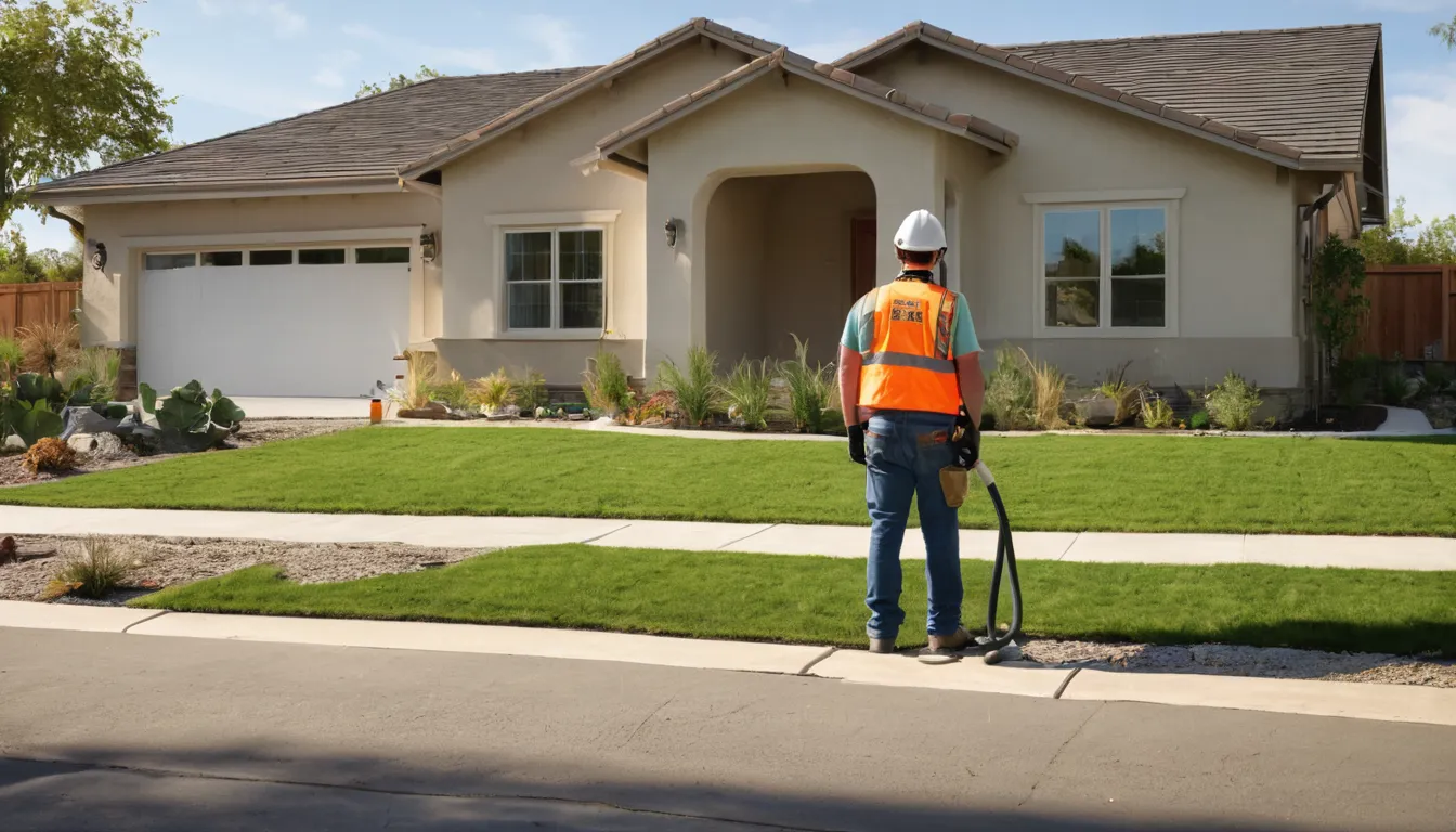 A friendly septic provider checking a tank lid in the yard of a stucco ranch home in the Palo Alto area